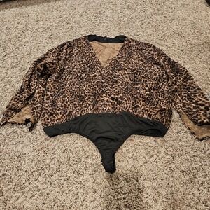 Good American Leopard Print Wrap Bodysuit Brown Black V-Neck Long Sleeve Size 5